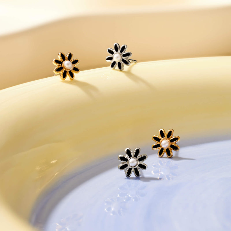 Black Enamel Pearl Flower Earrings