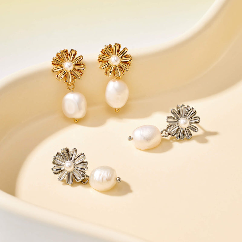 Pearl Drop Daisy Earrings