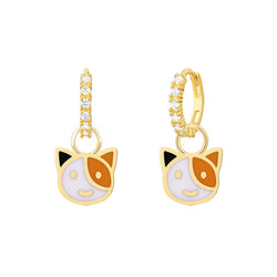 Enamel Cat White CZ Hoops