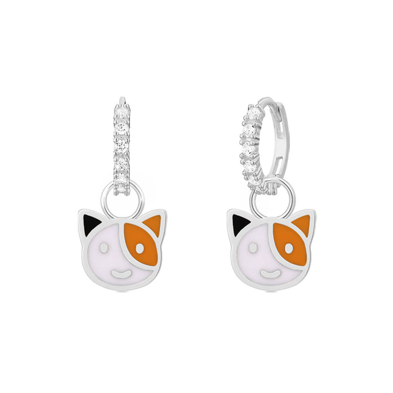 Enamel Cat White CZ Hoops