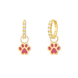 Enamel Pink Paw CZ Hoops