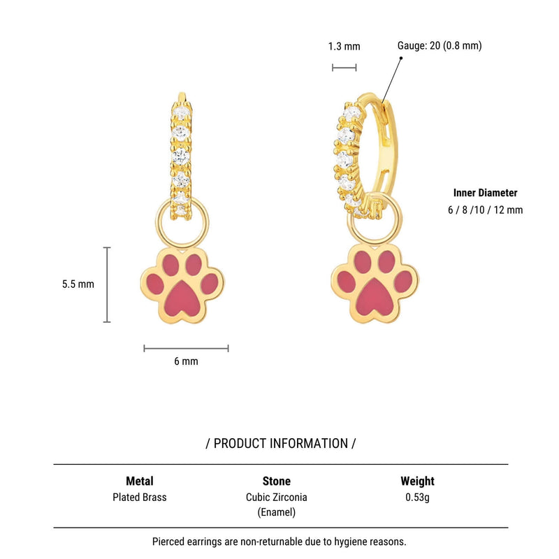 Enamel Pink Paw CZ Hoops