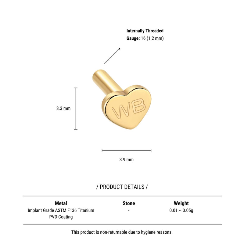 Internally Threaded Heart Labret (16G)